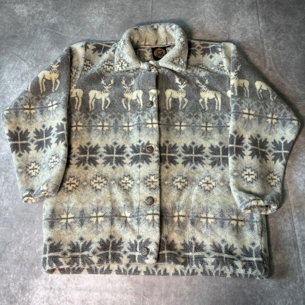 Vintage Sunbuster Fleece Jacket Reindeer Fair Isle Grey Button Front Cardigan M